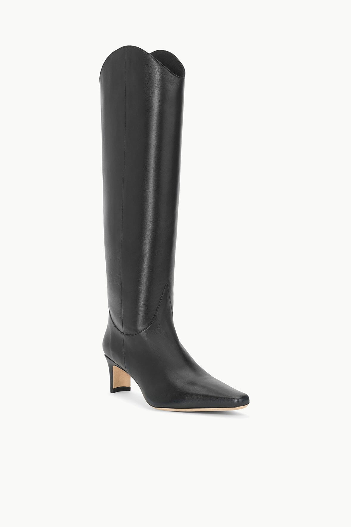 Black knee-high western boot with side pull-on opening and slim heel