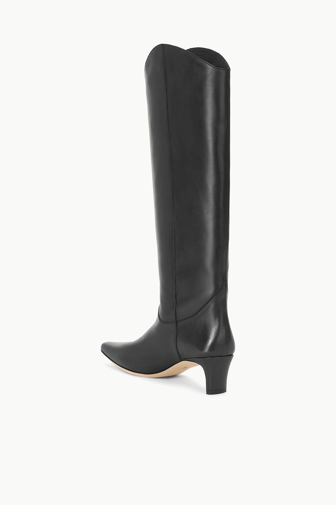 Black tall western boot with angled heel and sleek, seamless finish