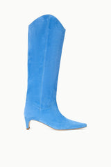 Light blue suede western boot with pointed toe and low stacked heel