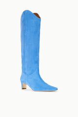 Light blue suede tall western boot, side view, pointed toe and small stacked heel