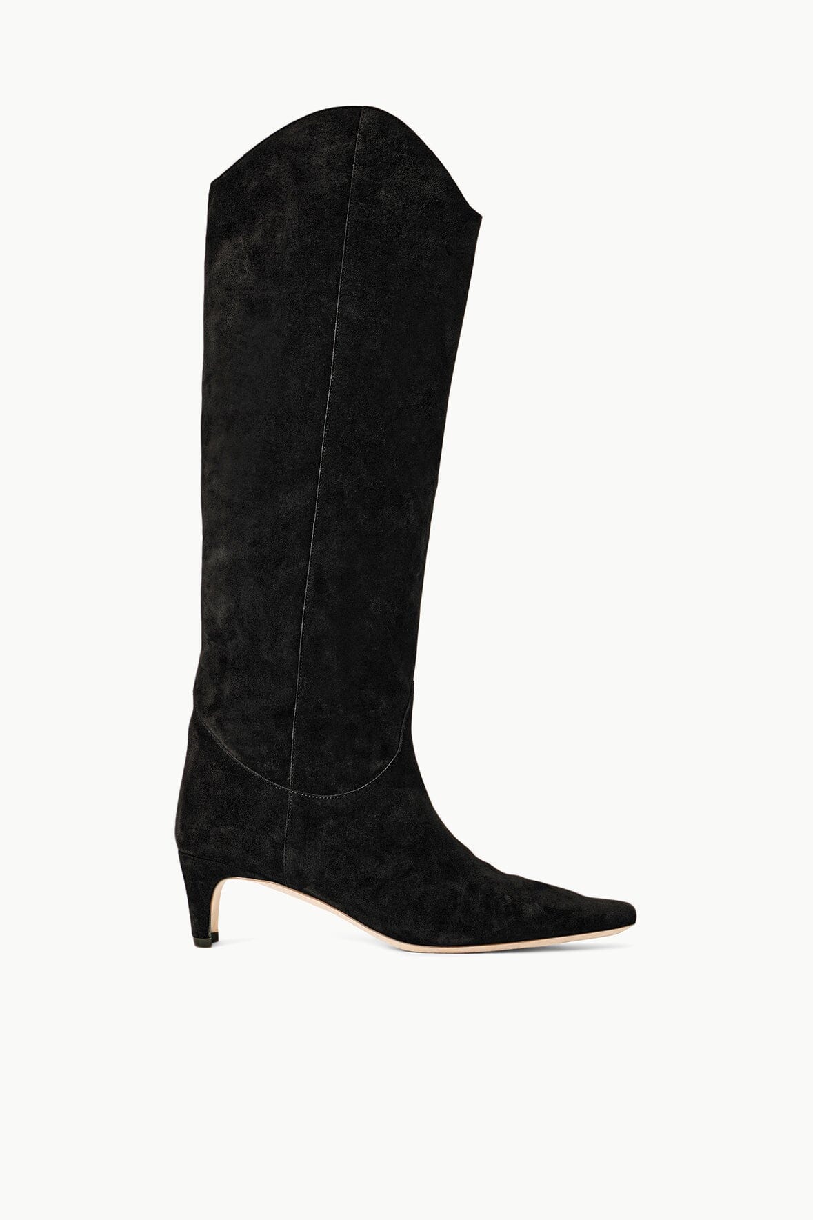 Black suede western boot with pointed toe and low heel