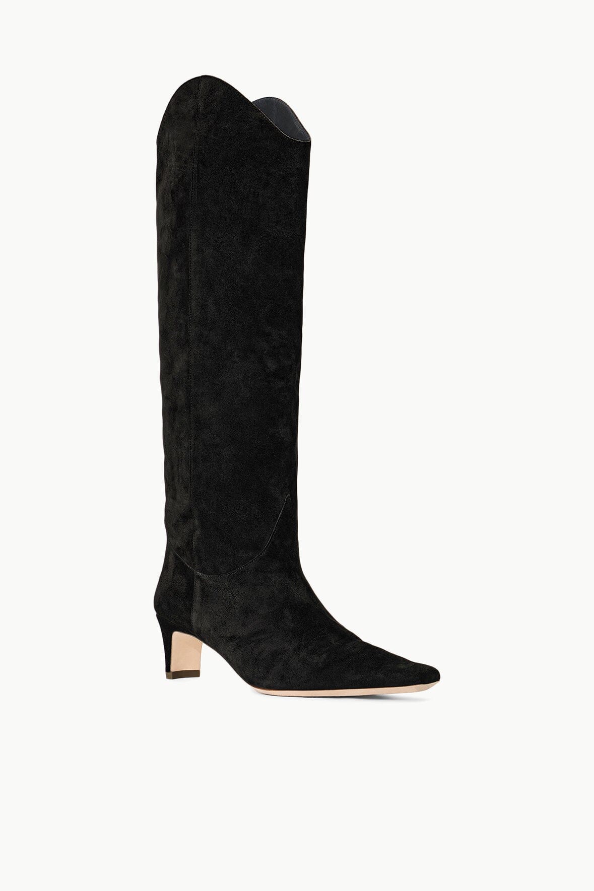 Black suede tall boot with pointed toe and low block heel
