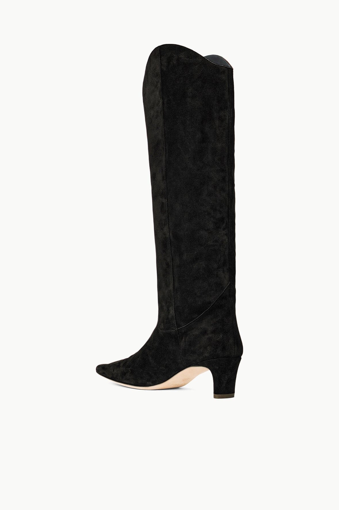 Black suede calf boot with pointed toe and low heel