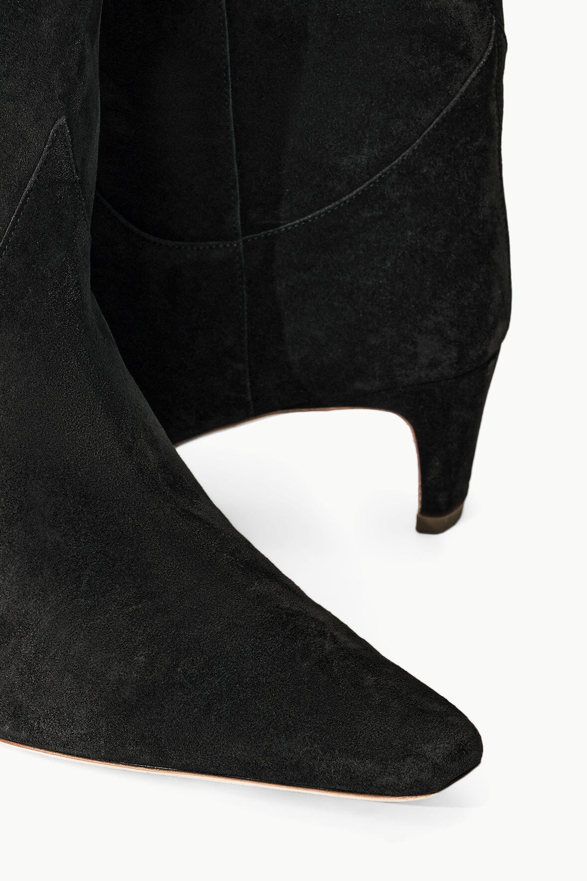 Black suede boot toe and heel close-up with low block heel
