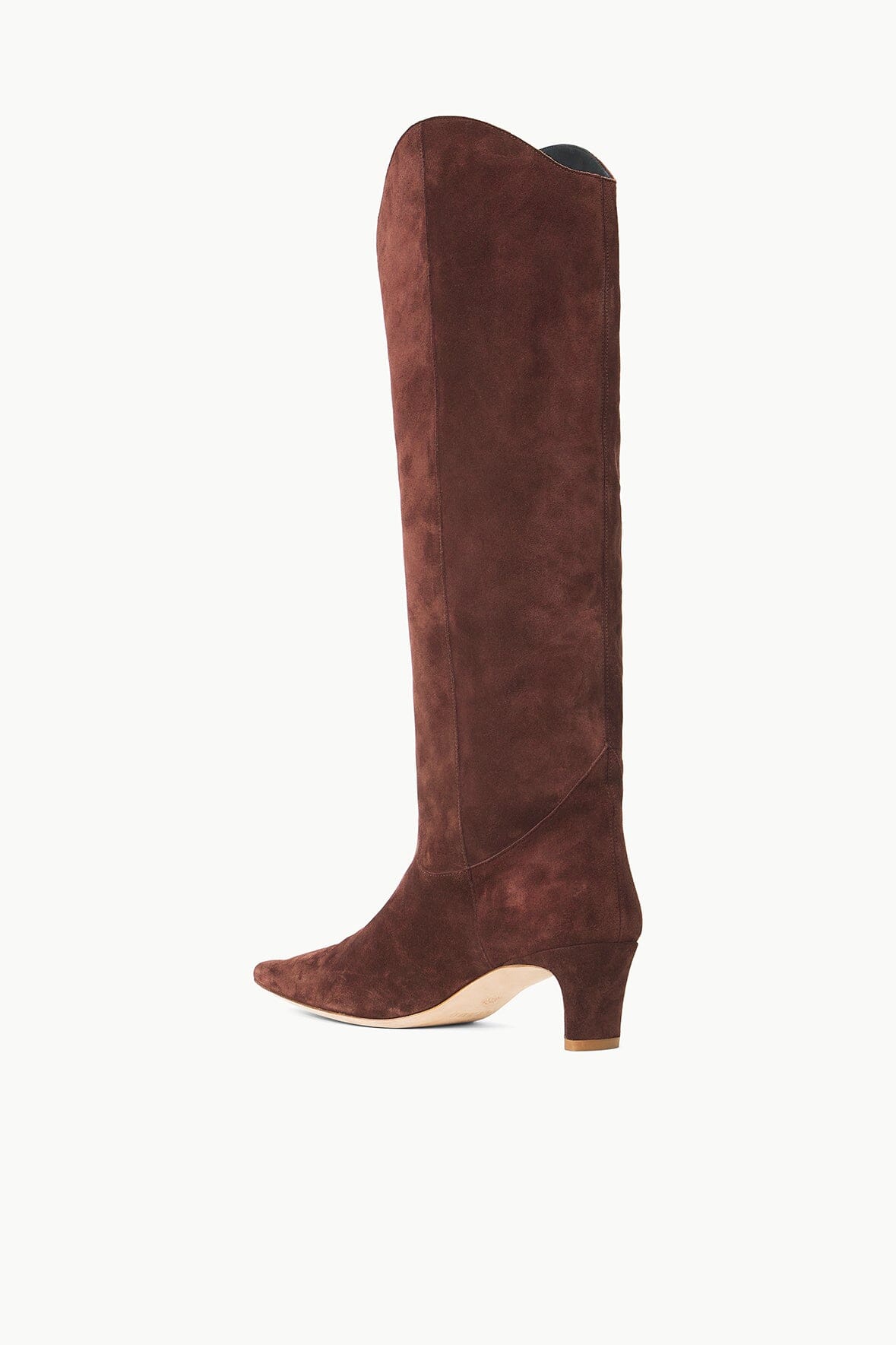 Mahogany suede knee-high boots angled view, pointed toe and low heel