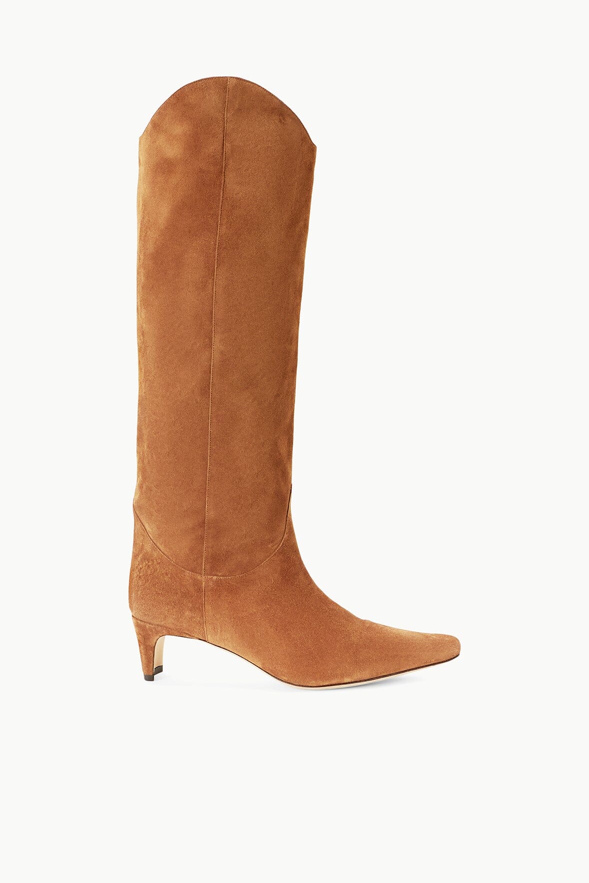 Tan suede western boot with pointed toe and low stacked heel