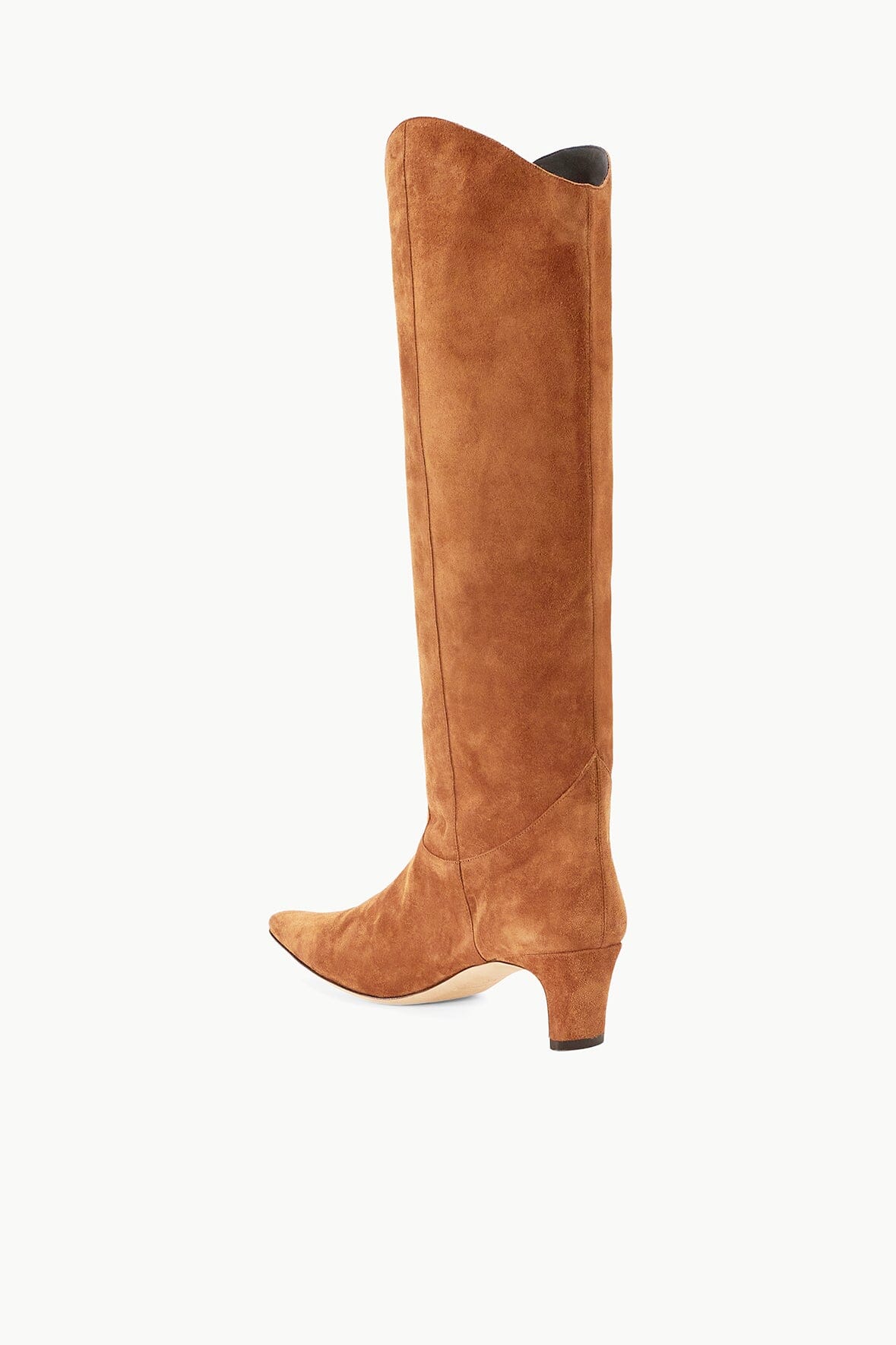 Tan suede tall western boot with curved shaft and low stacked heel