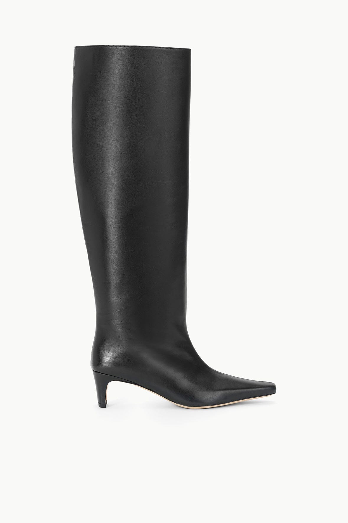 Wide-shaft black knee-high boot with pointed toe and low block heel