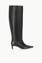 Wide-shaft black knee-high boot with pointed toe and low block heel