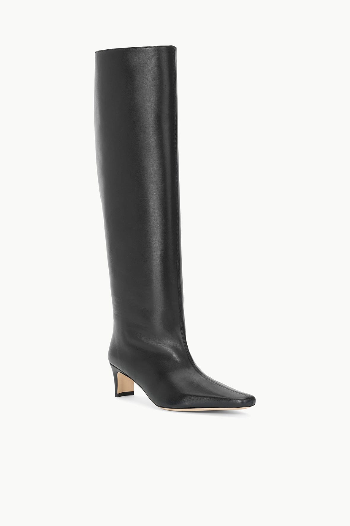 Wide-shaft black knee-high boot, side profile, pointed toe and block heel