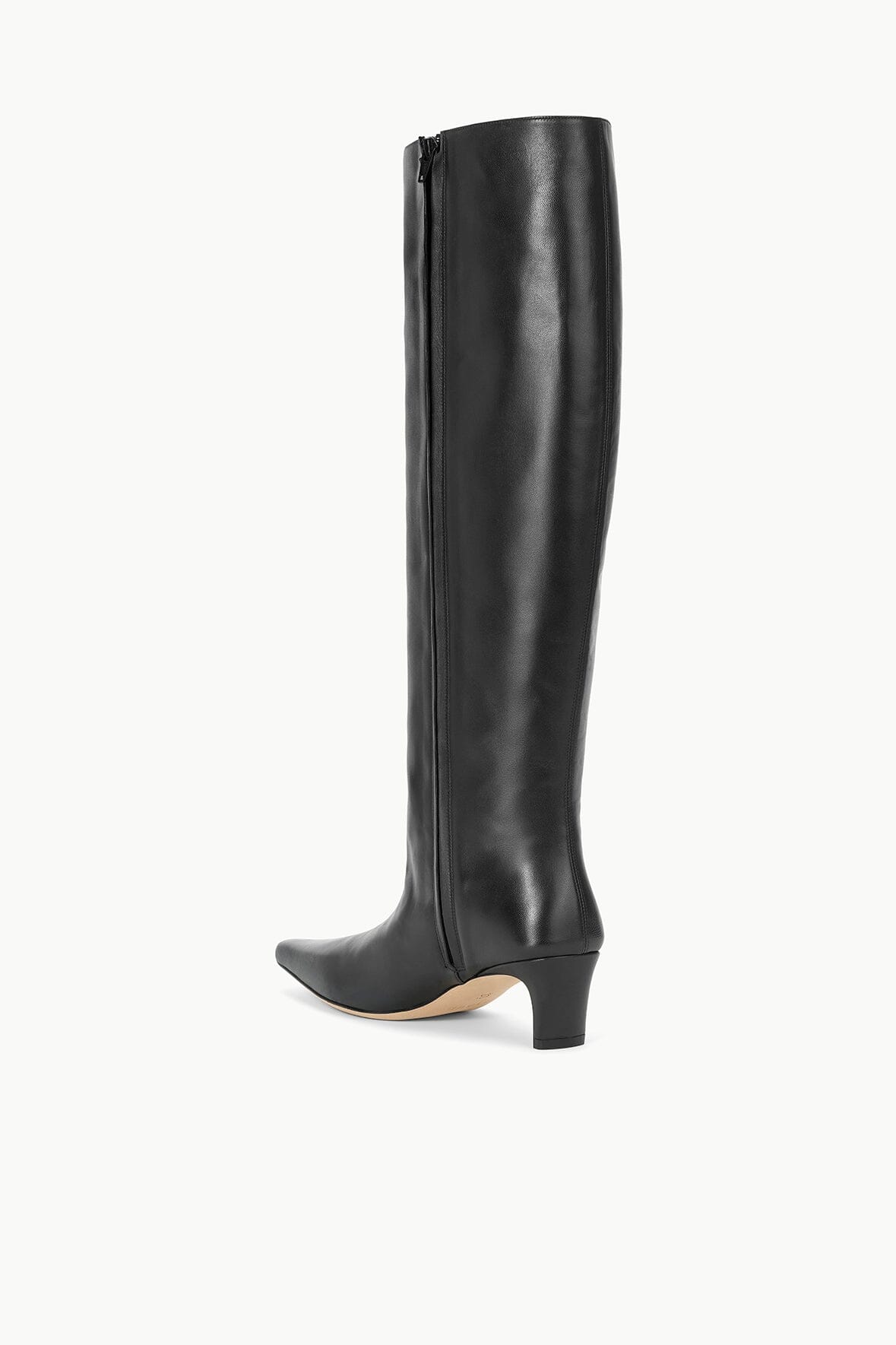 Wide-shaft black knee-high boot with back seam detail and low block heel