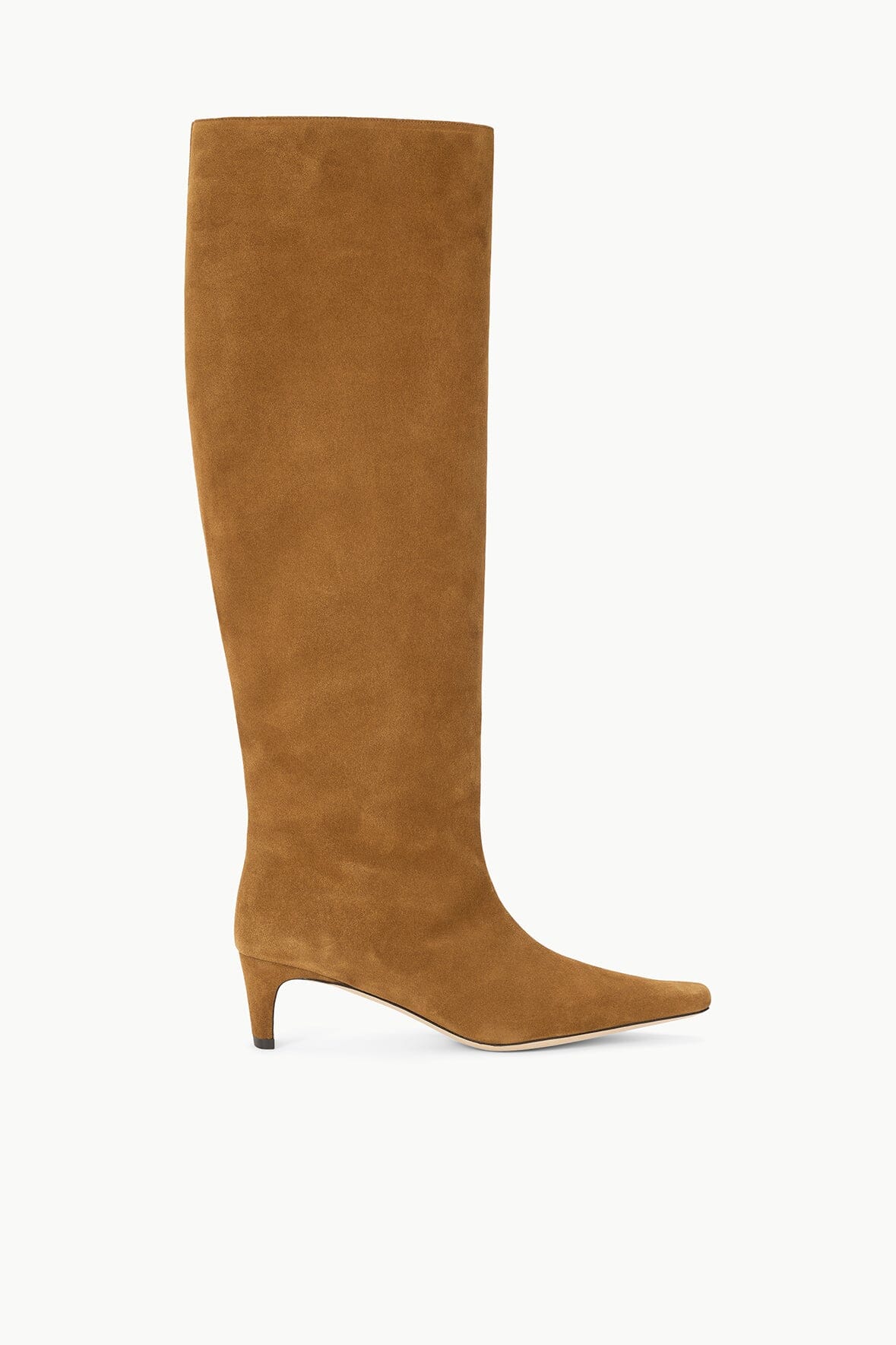 Tan suede wide-shaft knee boot with low block heel and pointed toe