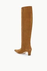 Tan suede wide-shaft knee-high boot with side seam and low block heel