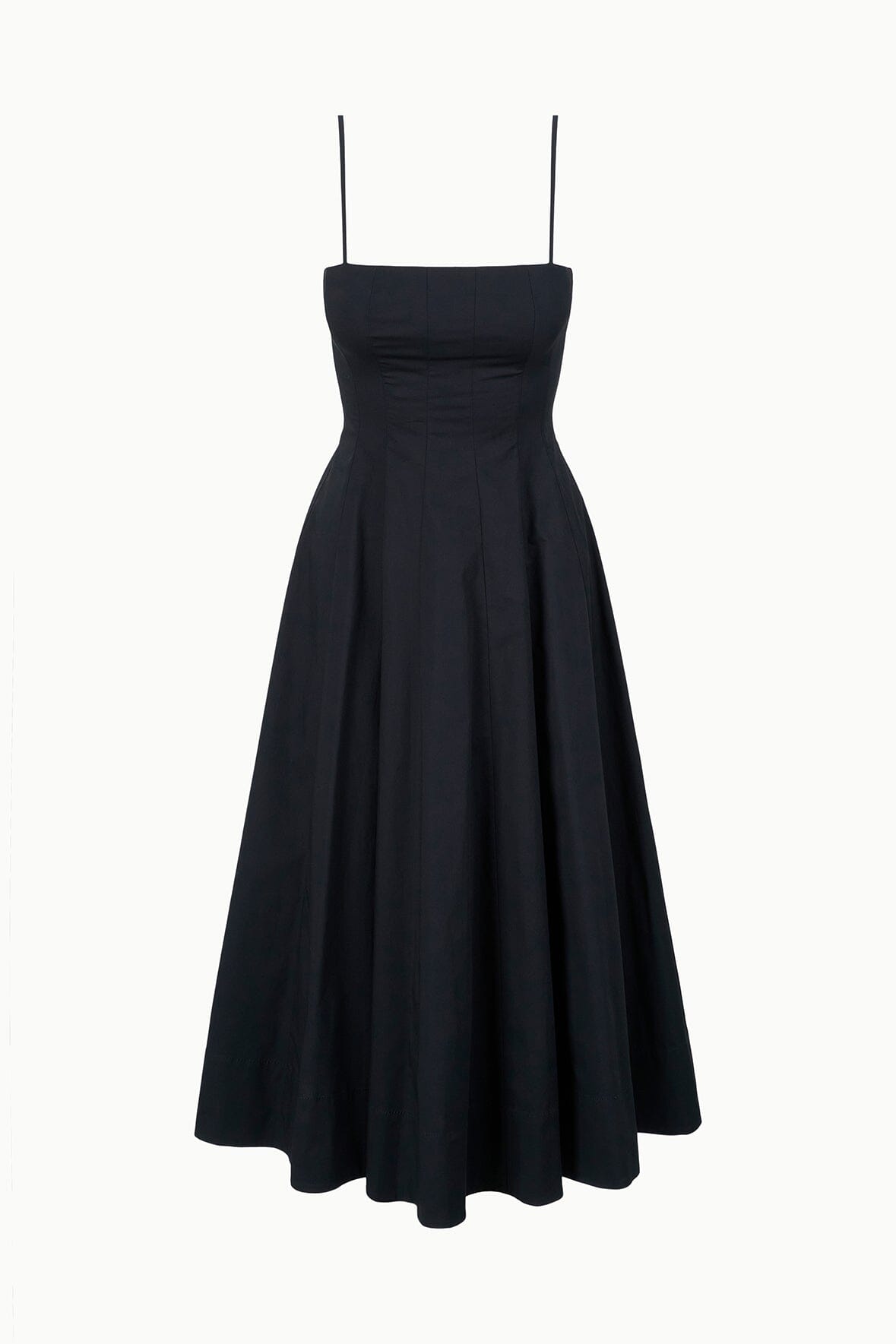 Black fit-and-flare midi dress with spaghetti straps and gathered skirt