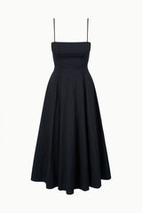 Black fit-and-flare midi dress with spaghetti straps and gathered skirt