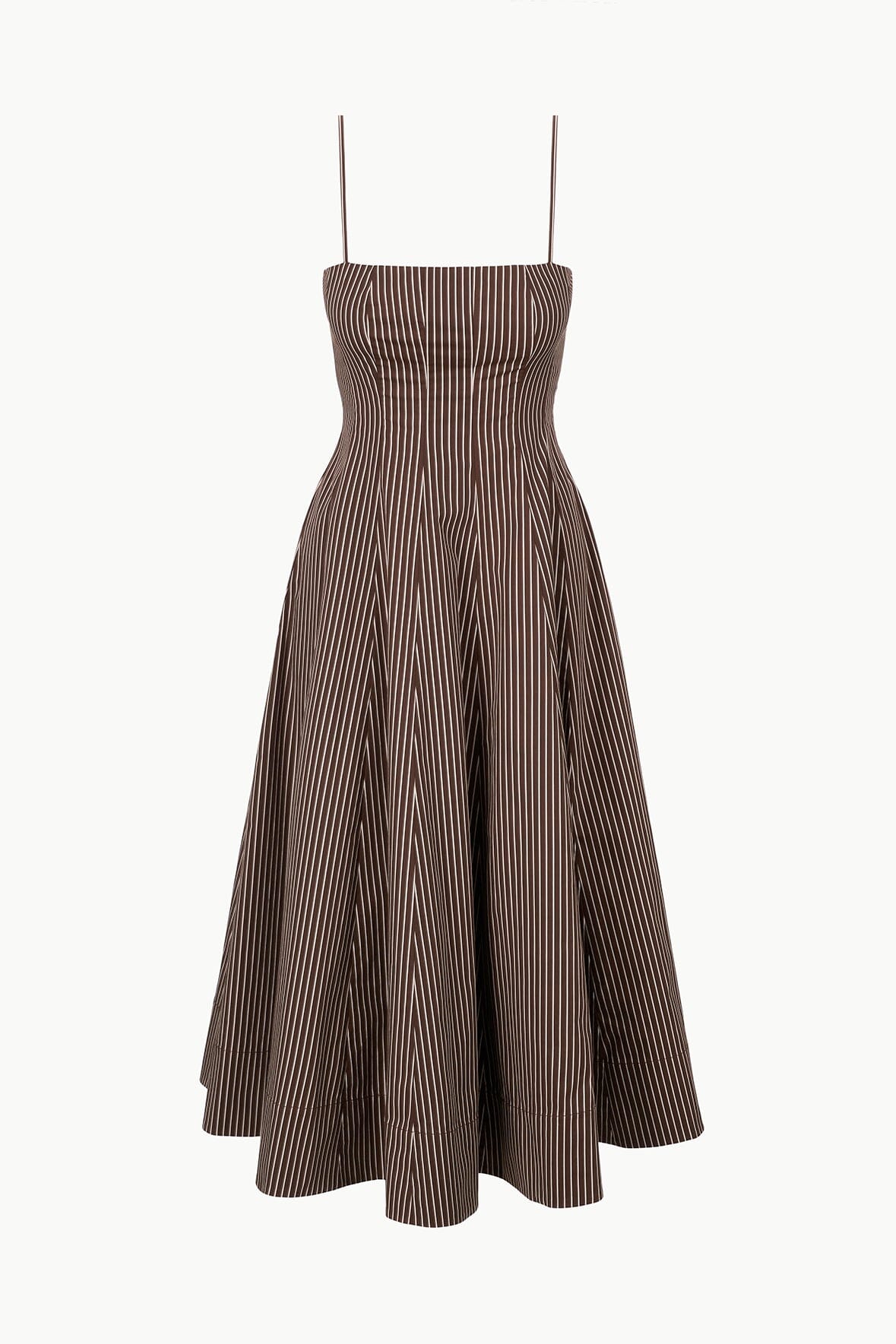 Dark brown micro-striped A-line midi dress with spaghetti straps