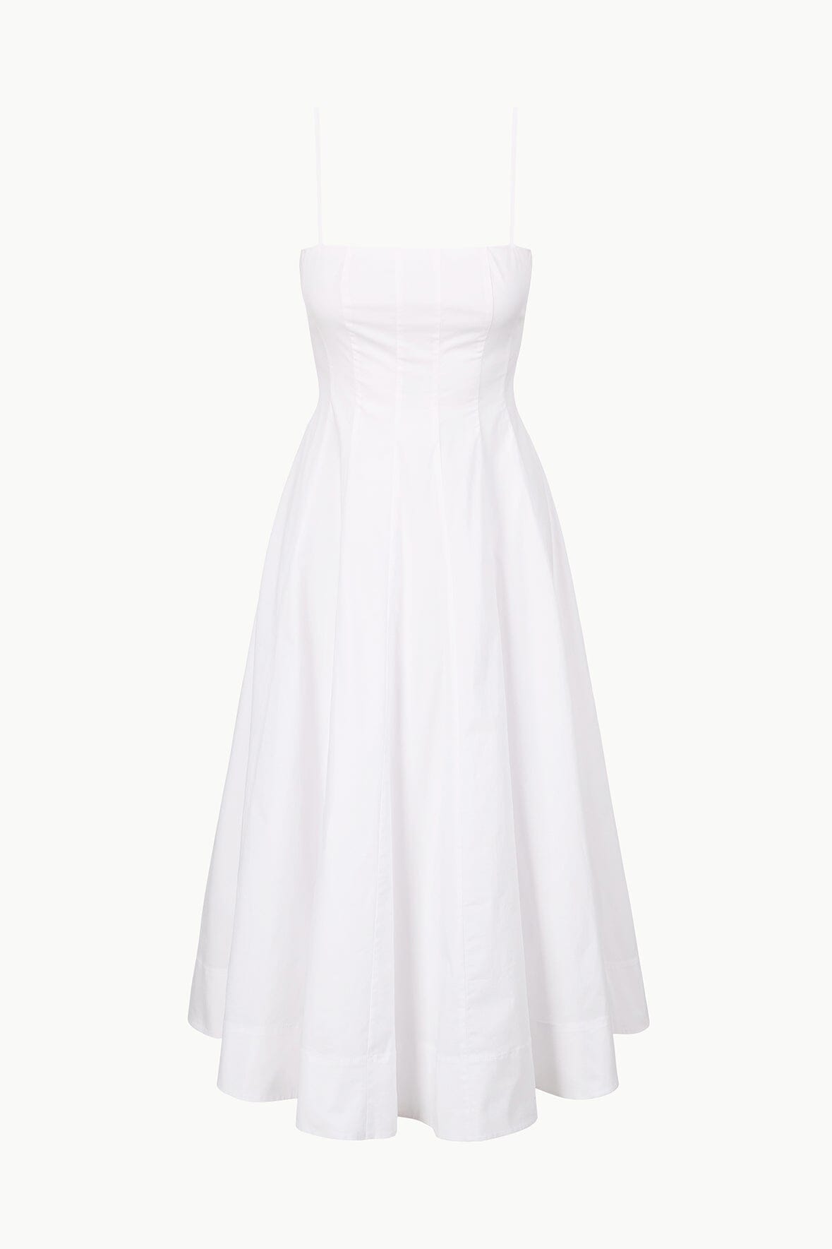 White strapless fit-and-flare dress with structured bodice and flared skirt