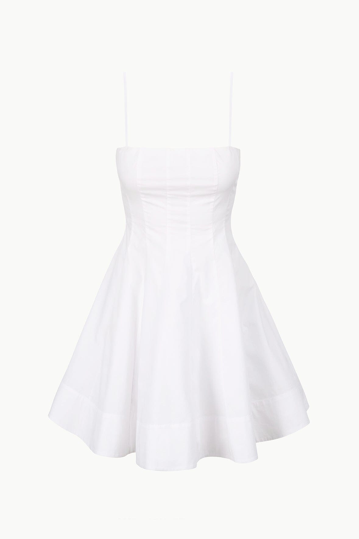 White mini dress with spaghetti straps and flared skirt