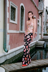 Printed silk wide-leg pants with multicolor circular and swirl pattern