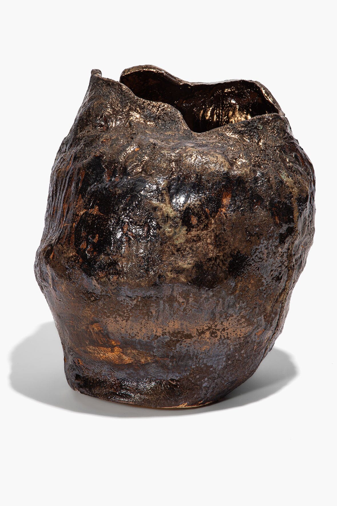 Ceramic vase with dark earth-brown speckled glaze, irregular rim and wide open top