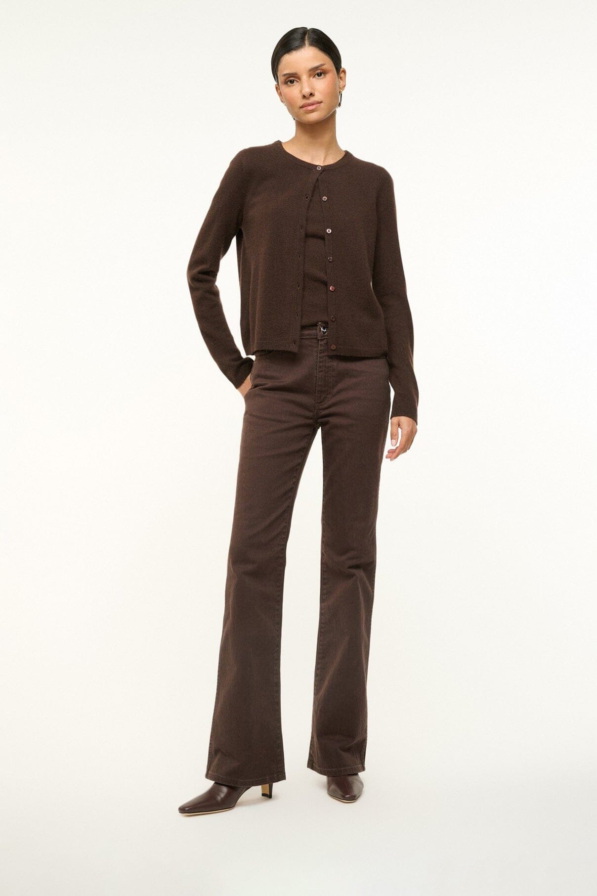 Espresso ankle boots worn with dark brown pants