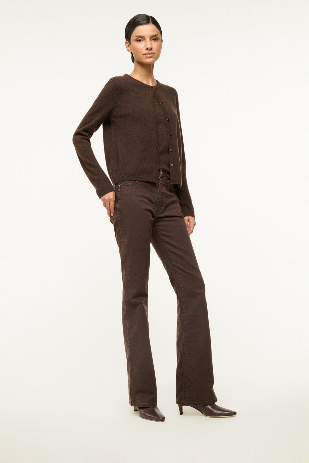 Espresso ankle boots with low block heel and dark brown pants