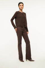 Espresso ankle boots with low block heel and dark brown pants