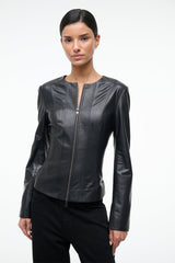 Black leather jacket with center front zipper, long sleeves, stand collar