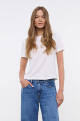 White crew neck T-shirt, short sleeves, front view