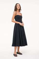 Black spaghetti-strap midi dress with fitted waist and gathered flared skirt