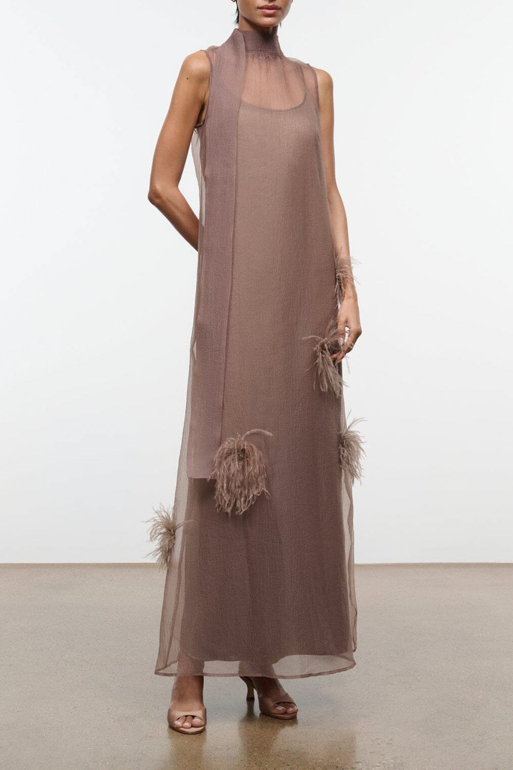 ALBEE truffle maxi dress, sleeveless with feathered fringe hem detail
