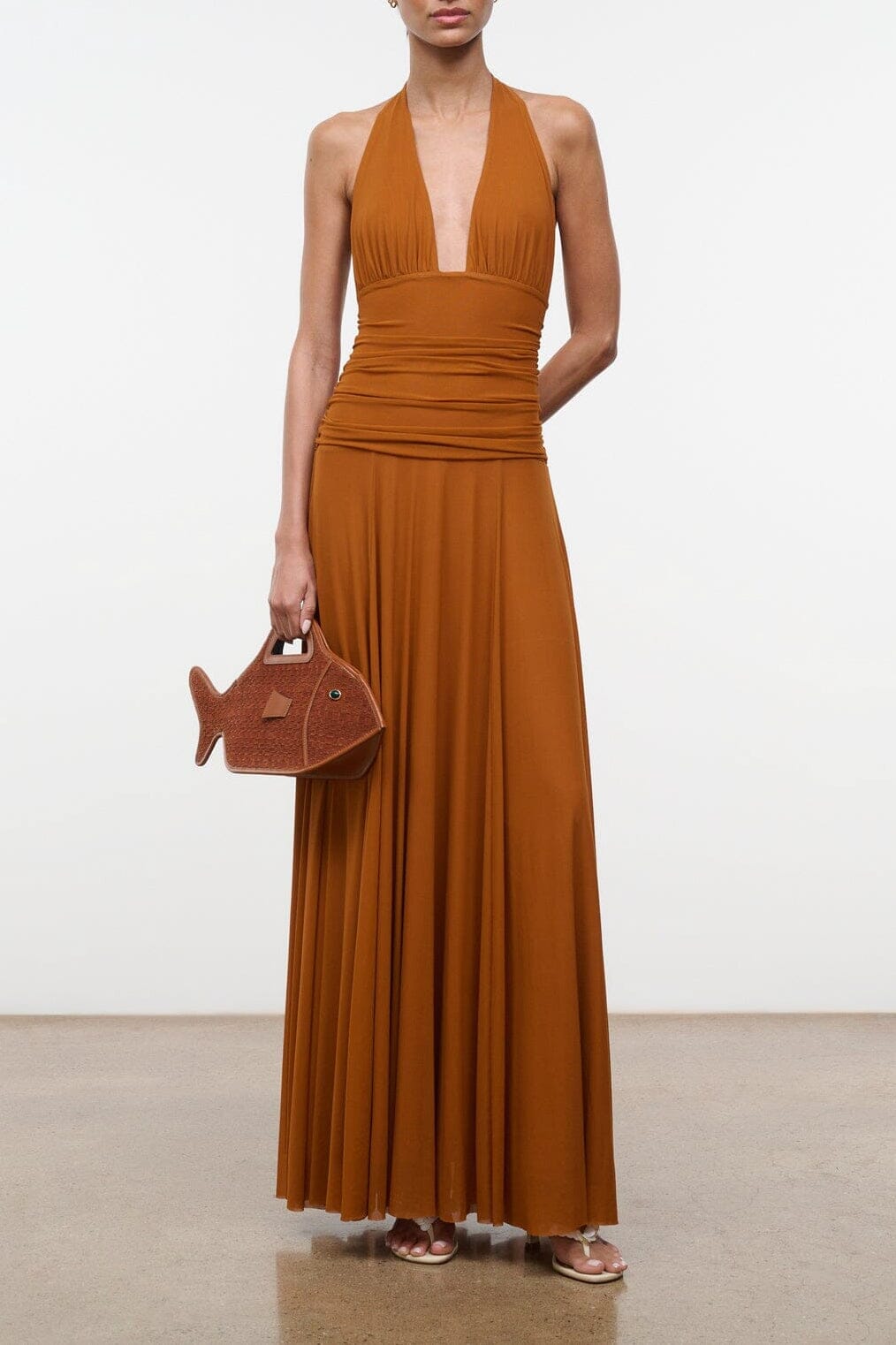 ALESSANDRA halter maxi dress in cocoa brown with gathered waist and draped skirt