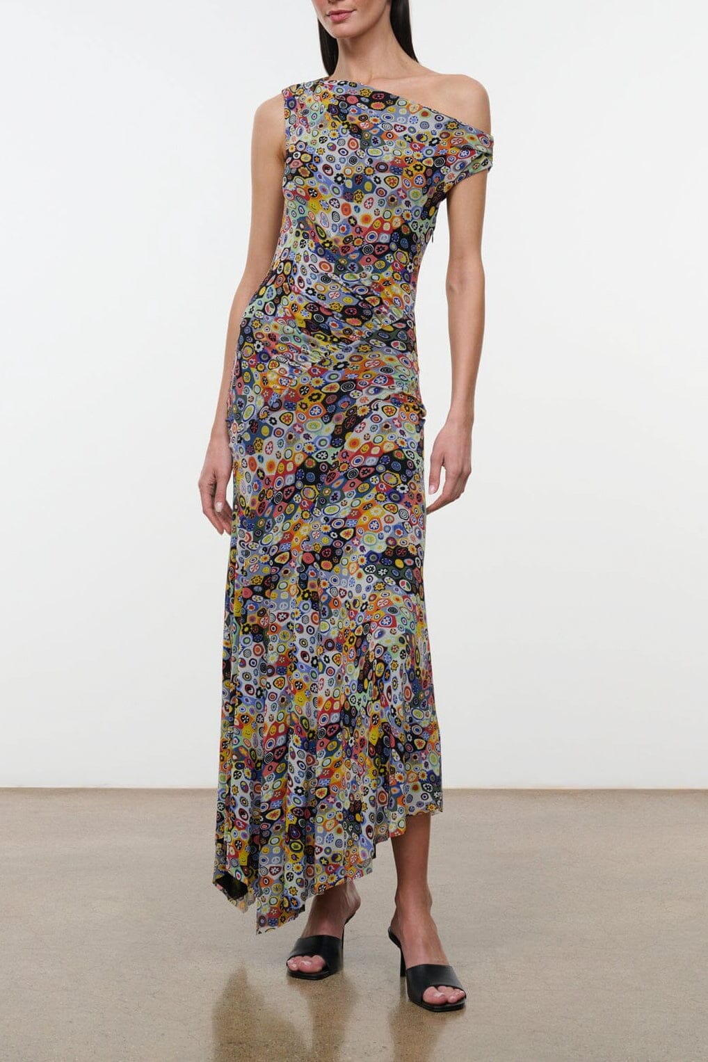Amaris dress: asymmetrical one-shoulder maxi, millefiore mosaic multicolor print