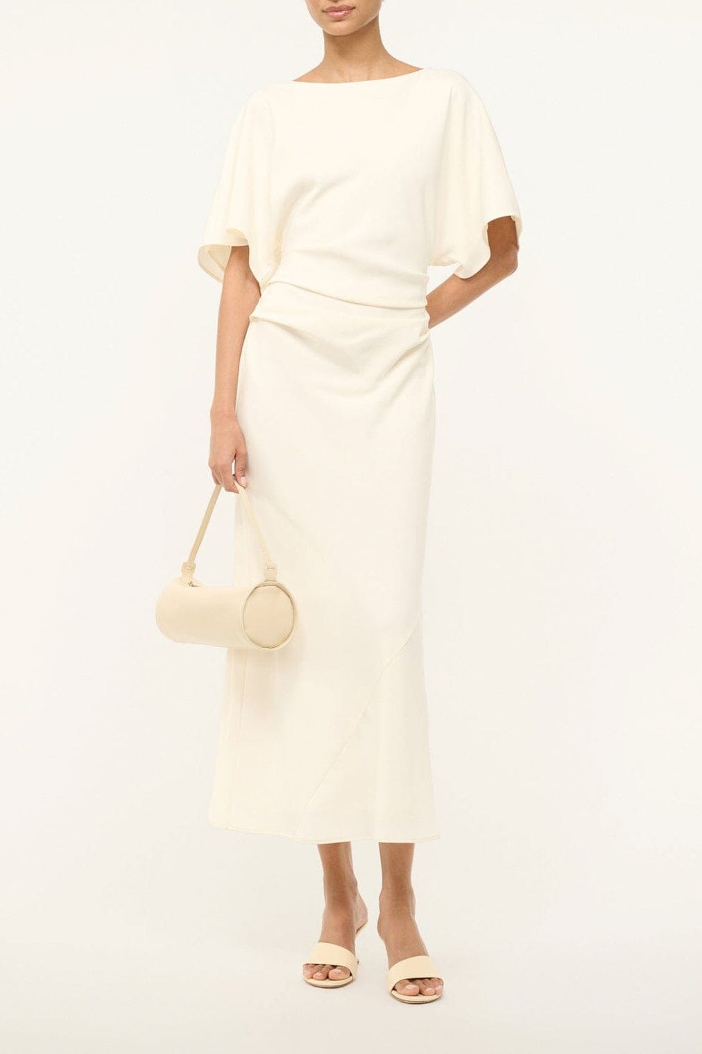 Ivory midi dress with boat neckline and short sleeves, fitted waist
