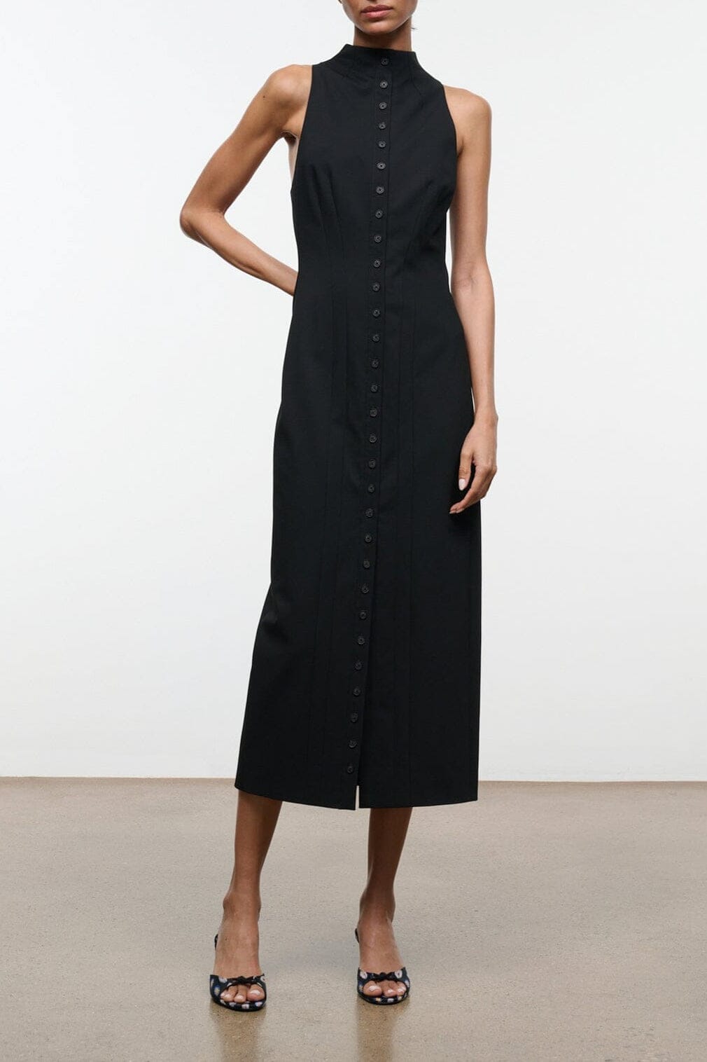 Black sleeveless button-front midi dress, high neck