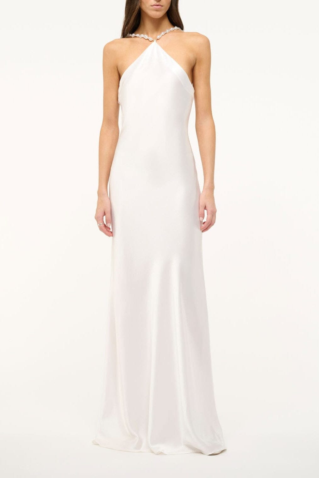 Pearl halter slip dress with braided neckline and open back