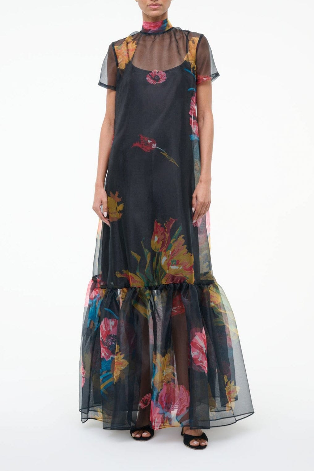 Dark floral printed maxi dress with short sleeves, sheer yoke, tiered skirt