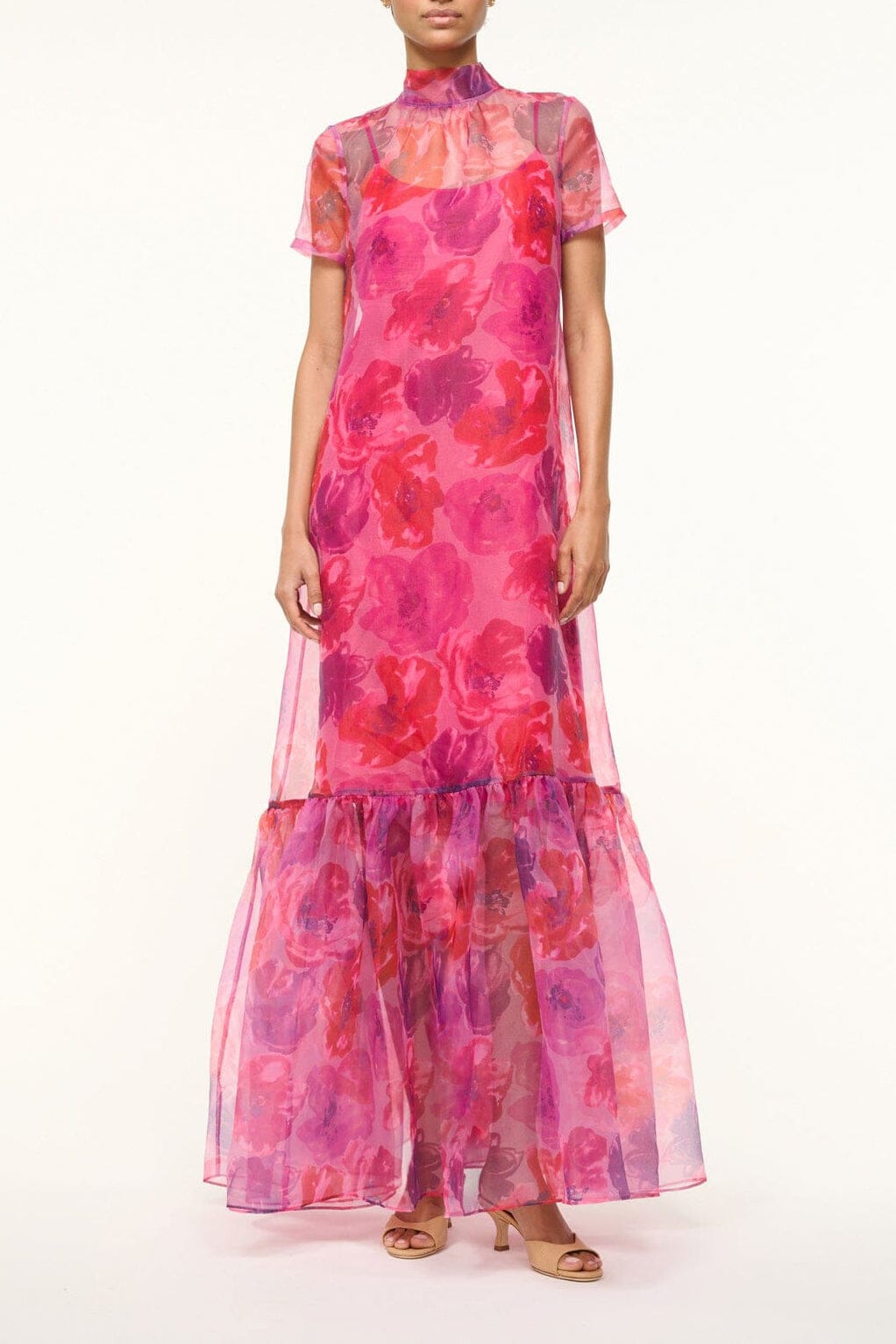 Magenta painted floral maxi dress with high neck and tiered ruffle hem