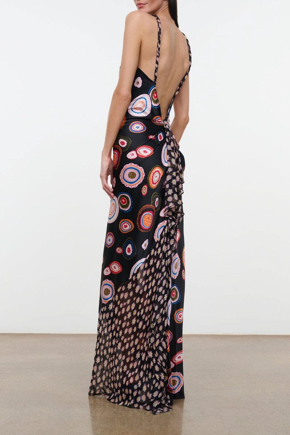 Silk maxi dress, multicolor circular print, spaghetti straps, open back