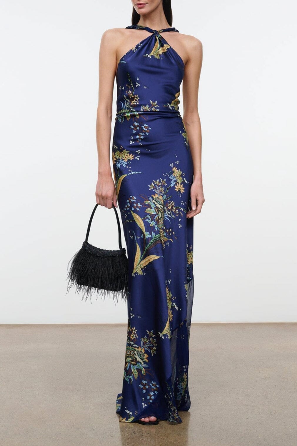 Midnight silk halter maxi dress with gold floral print and ruched waist