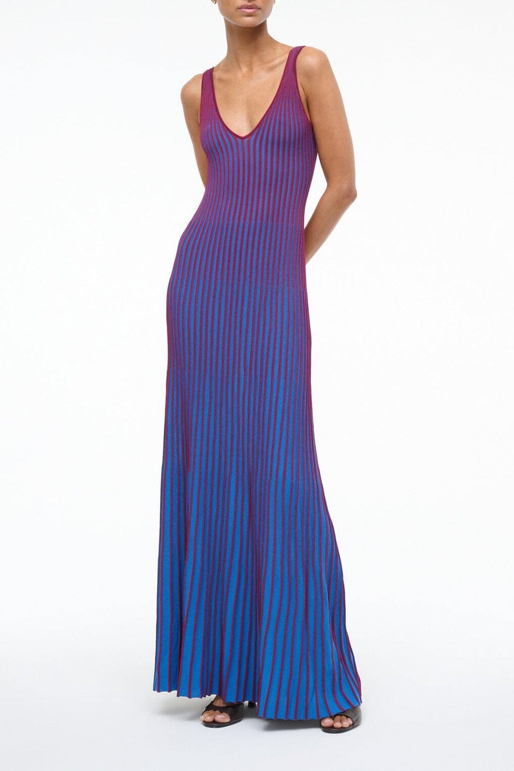 Sleeveless V-neck maxi dress in vertical stripe print, deep claret and royal blue