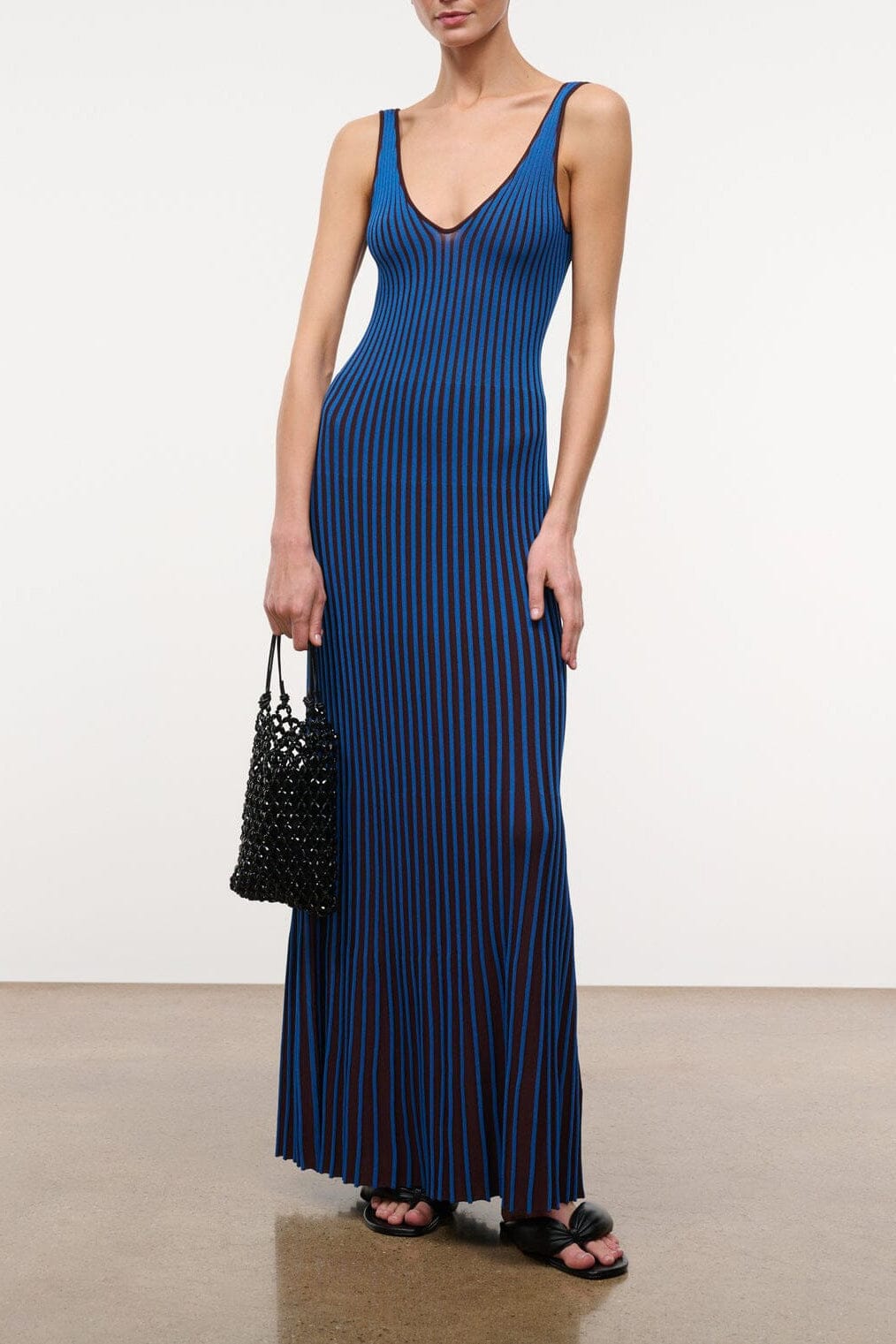 Sleeveless V-neck maxi dress, cobalt blue vertical striped knit fabric