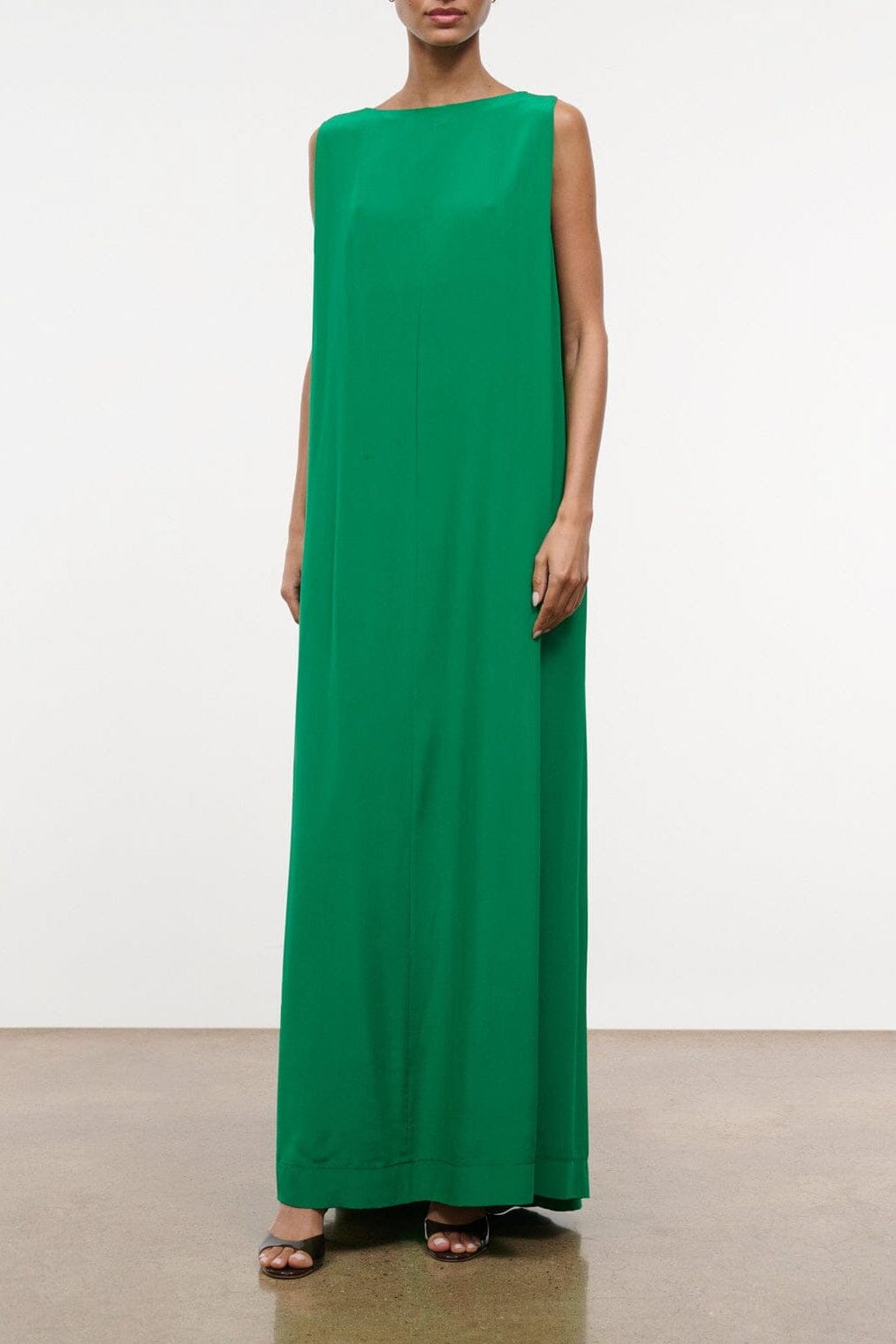 KELLY green silk maxi dress, sleeveless with wide neckline and straight silhouette