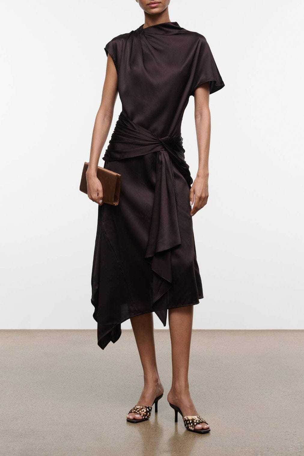 Brown silk wrap midi dress with tied waist and draped asymmetrical hem