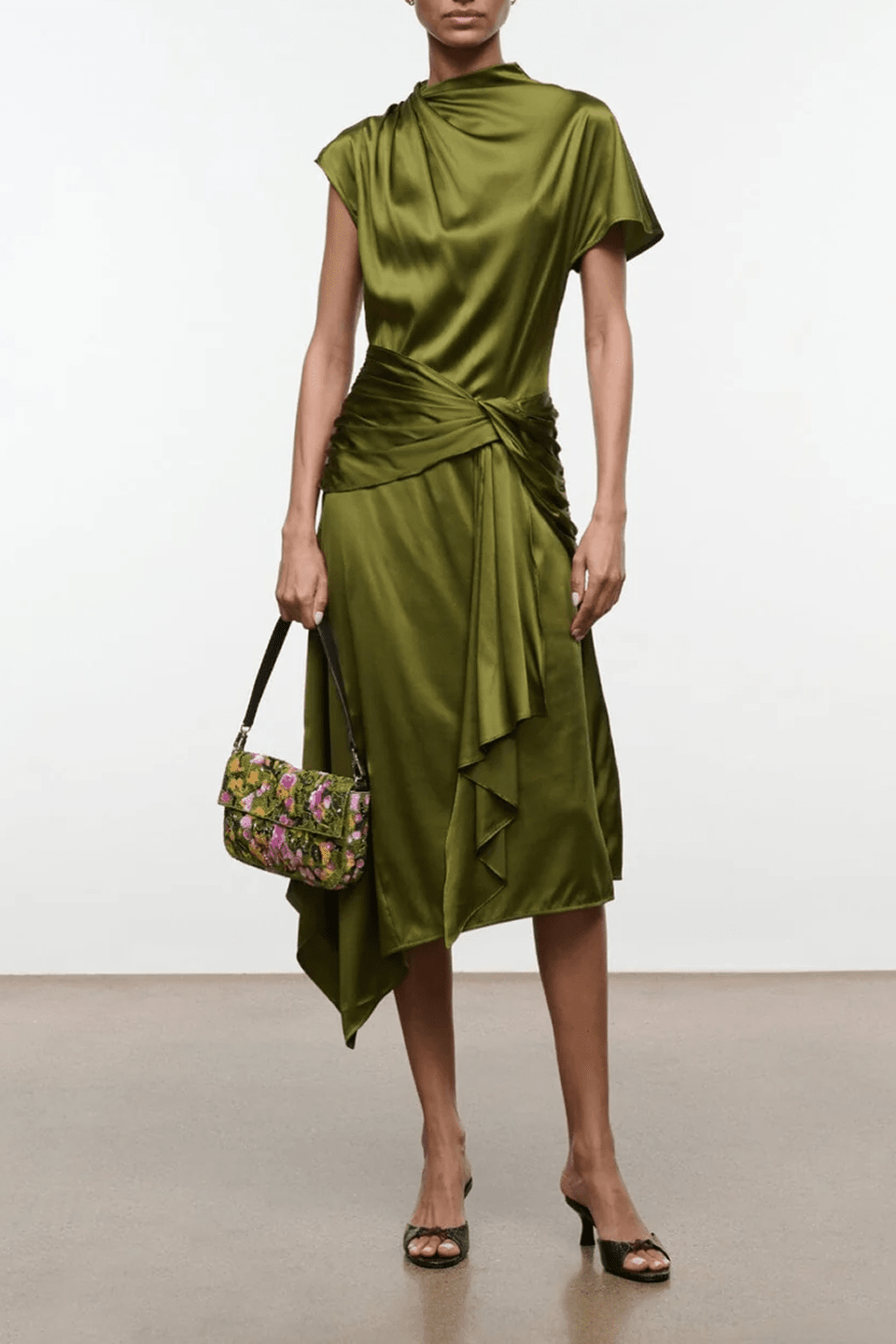 Olive silk wrap dress with draped cowl neck, short sleeves, asymmetrical hem