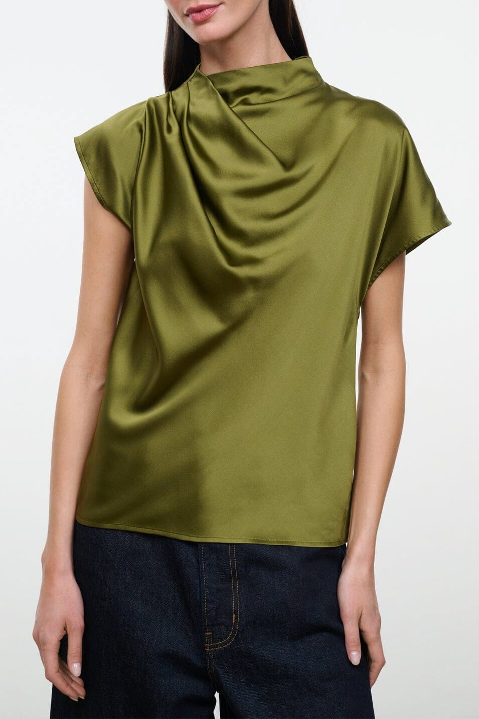 Olive green satin silk mock-neck top with short sleeves and draped front