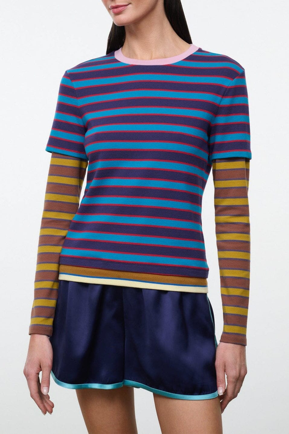 Multicolor striped long-sleeve T-shirt with crew neck