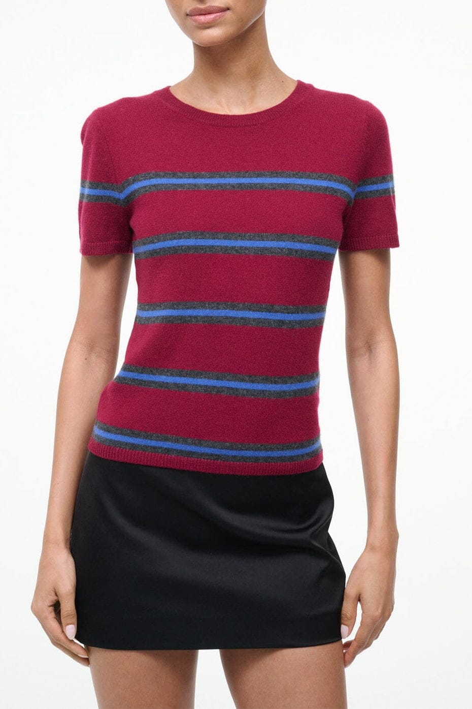 Crimson red cashmere tee with crew neck and short sleeves, bold blue and dark stripes