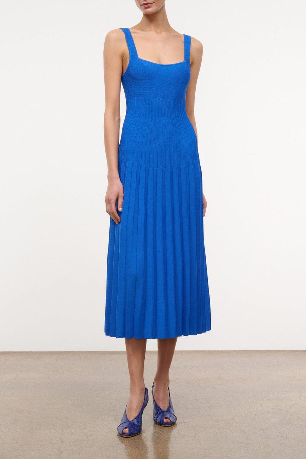 Cobalt sleeveless square-neck midi dress with pleated skirt