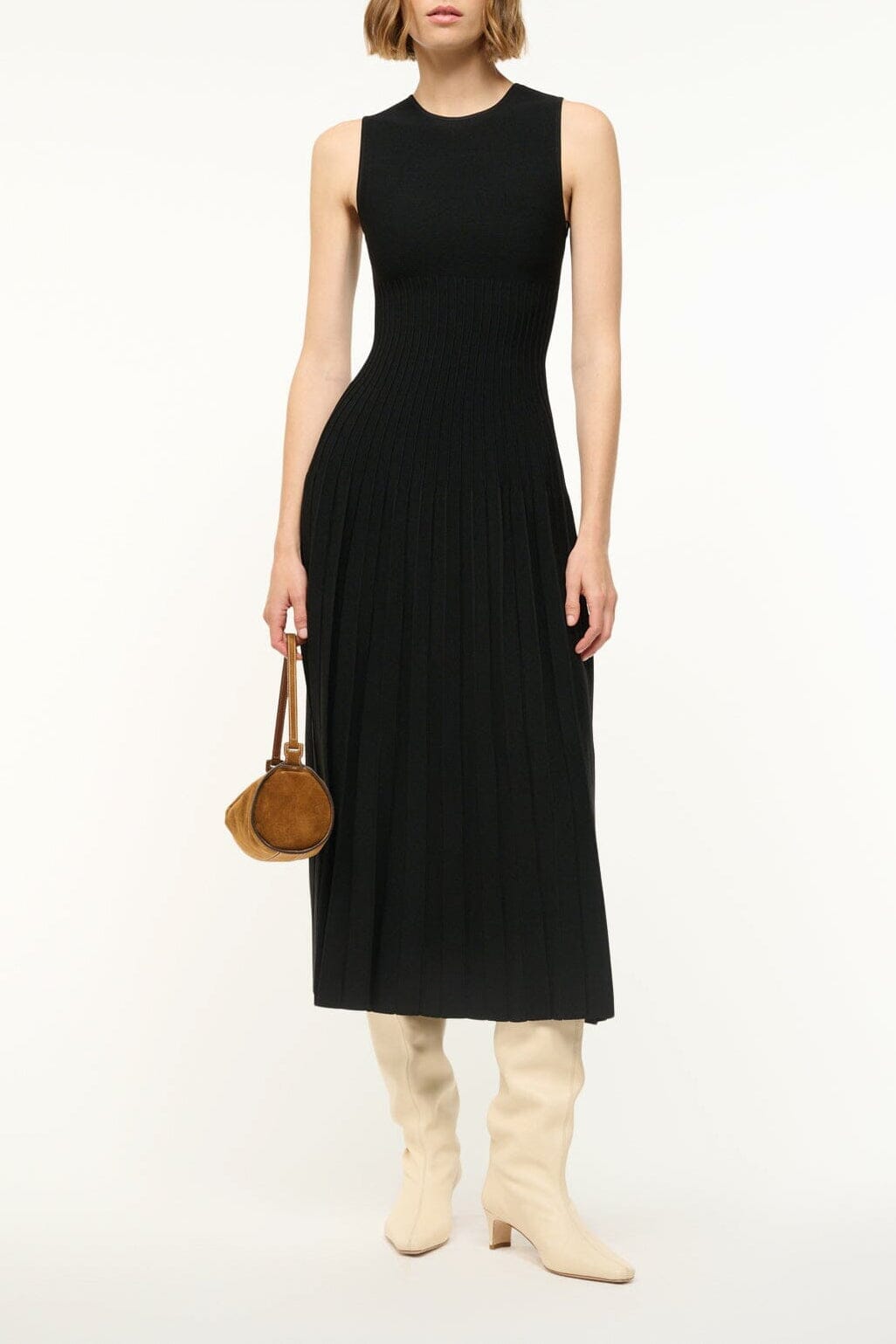 Black sleeveless midi dress with round neckline and pleated skirt
